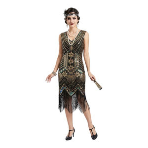 Black Gold Sequin Flapper Fringe Dress Gatsby 1920s Art Deco Cocktail M NWT